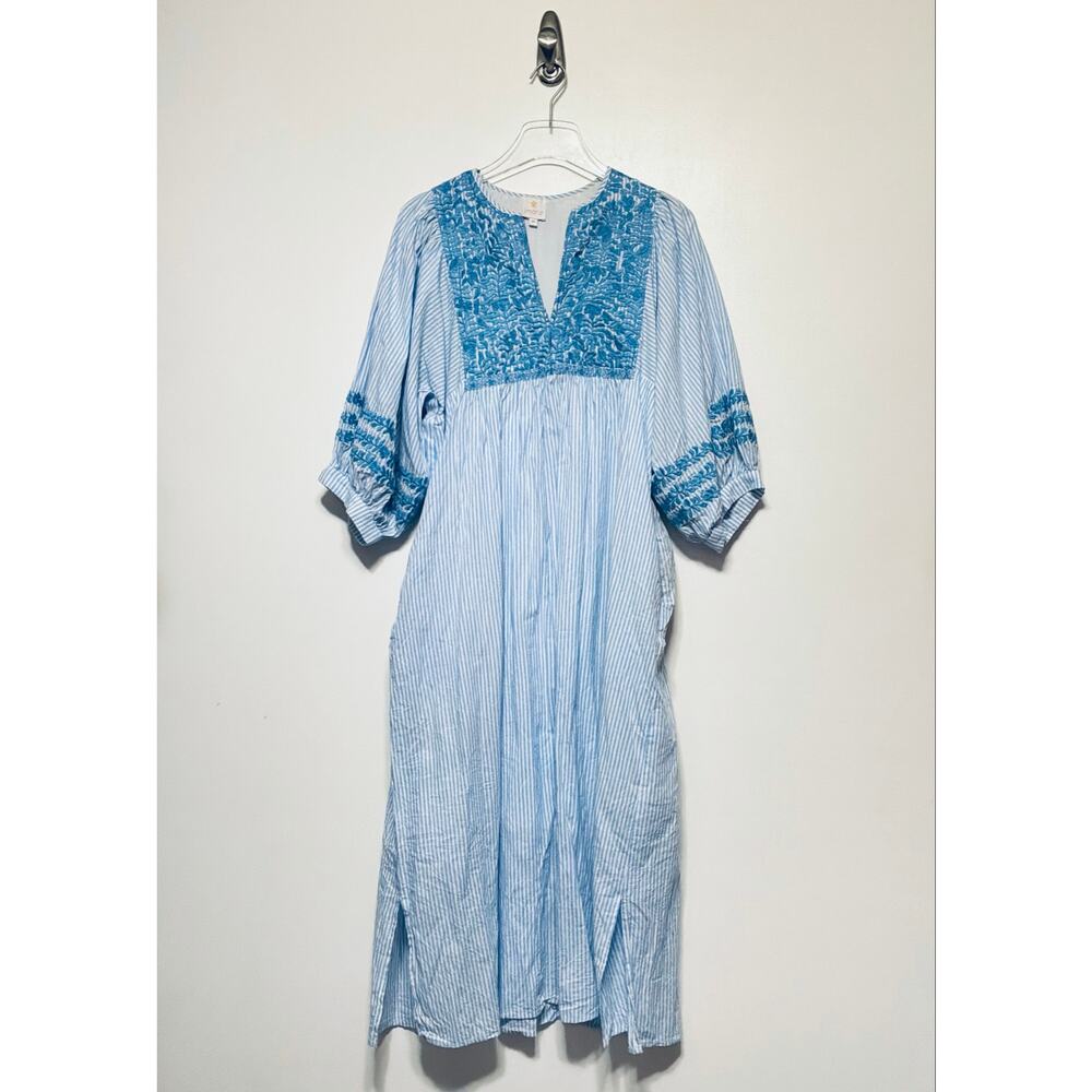 J. Marie Tristen Embroidered Midi Dress in Blue Stripe Size Medium